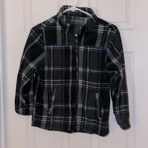 Girl’s plaid fleece zip up jacket, size 7, black, white, royal blue